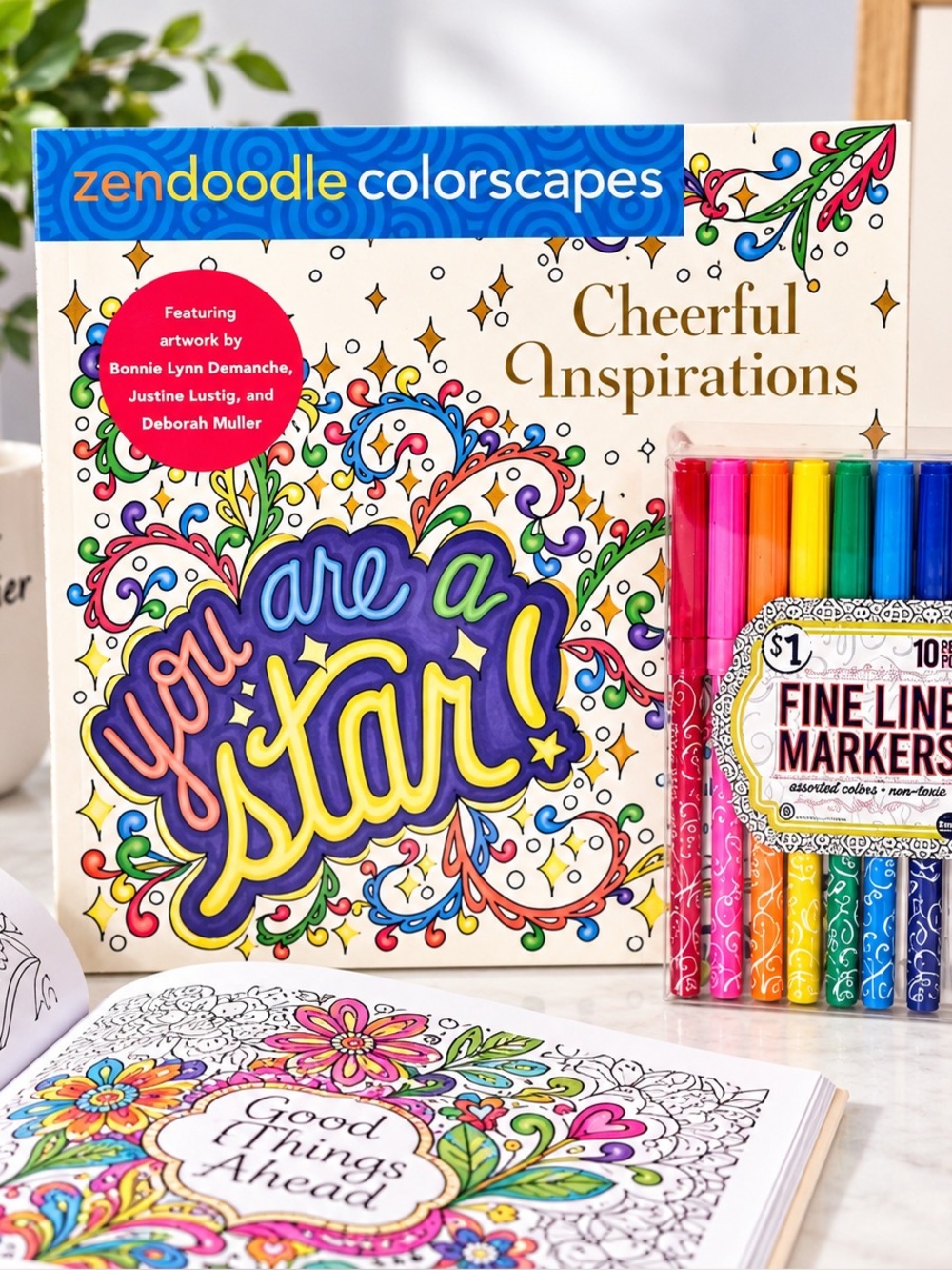 NEW - Zendoodle Colorscapes Adult Coloring Book with 10PC Fine Line Markers